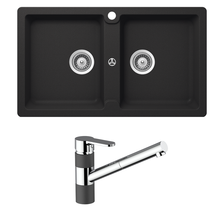 Schock Typos Double Bowl & 400710B Pull Out Kitchen Mixer Onyx 